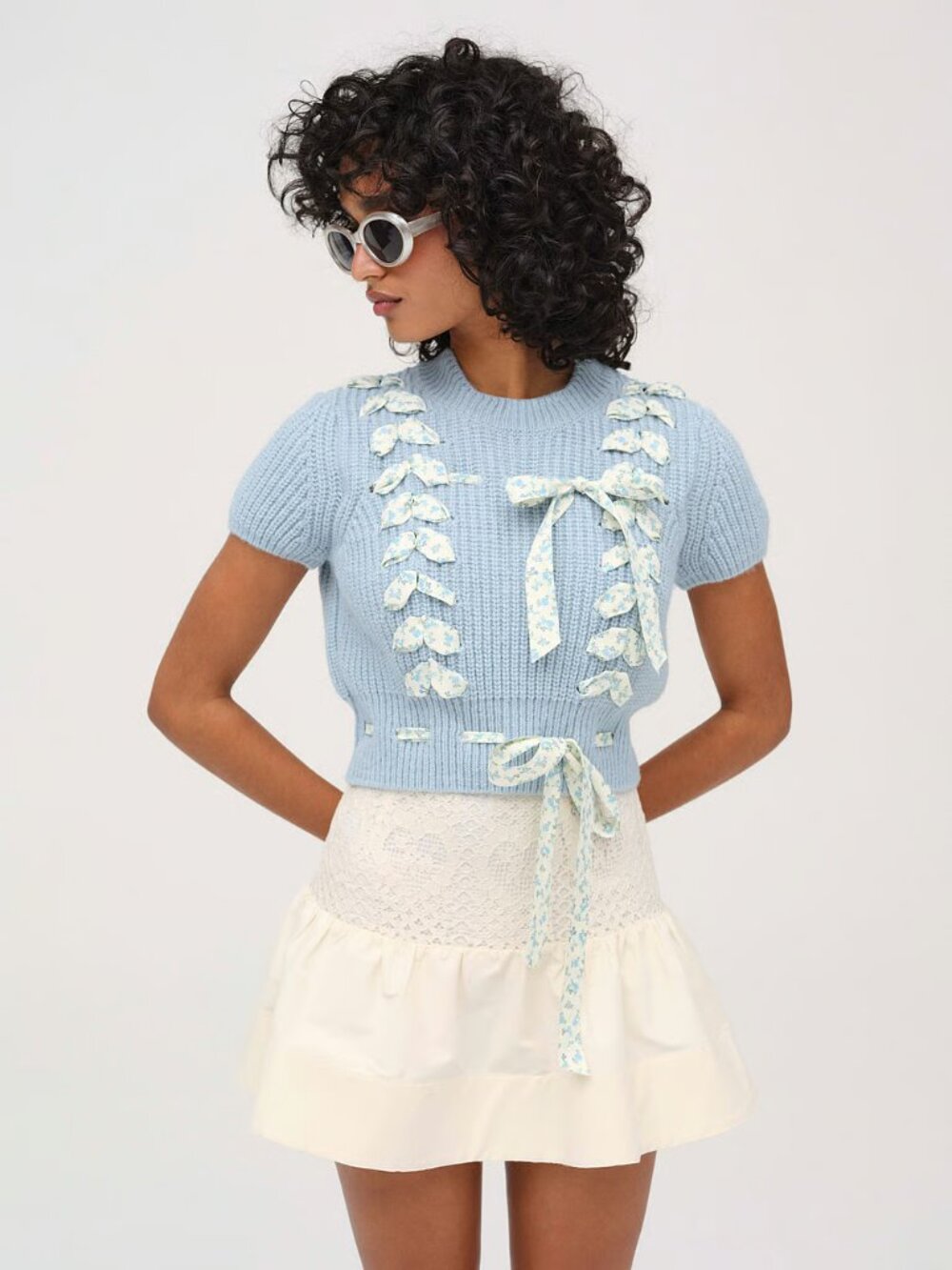 For Love & Lemons GORGEOUS Rosie Ribbon Knit Top | Blue | S | NWT
